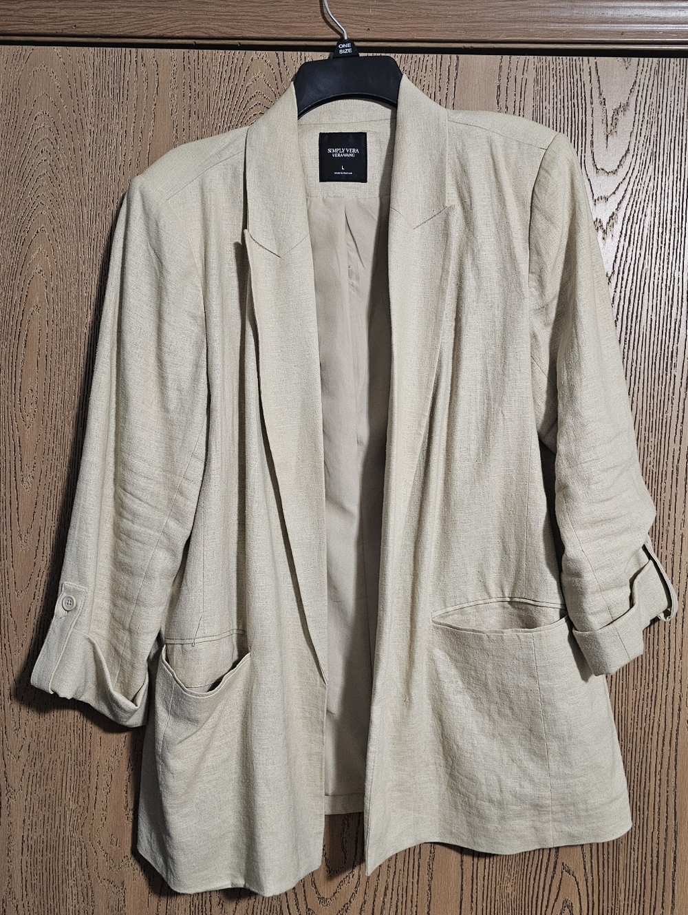 Light Beige Open-Front Linen-Blend Blazer
